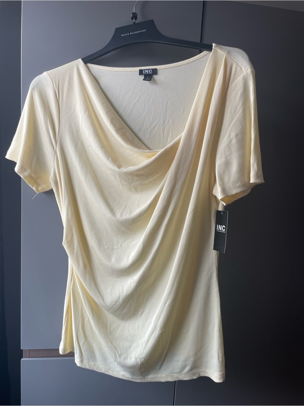 INC International Concepts Pale Yellow Drape Neck Short Sleeve Top